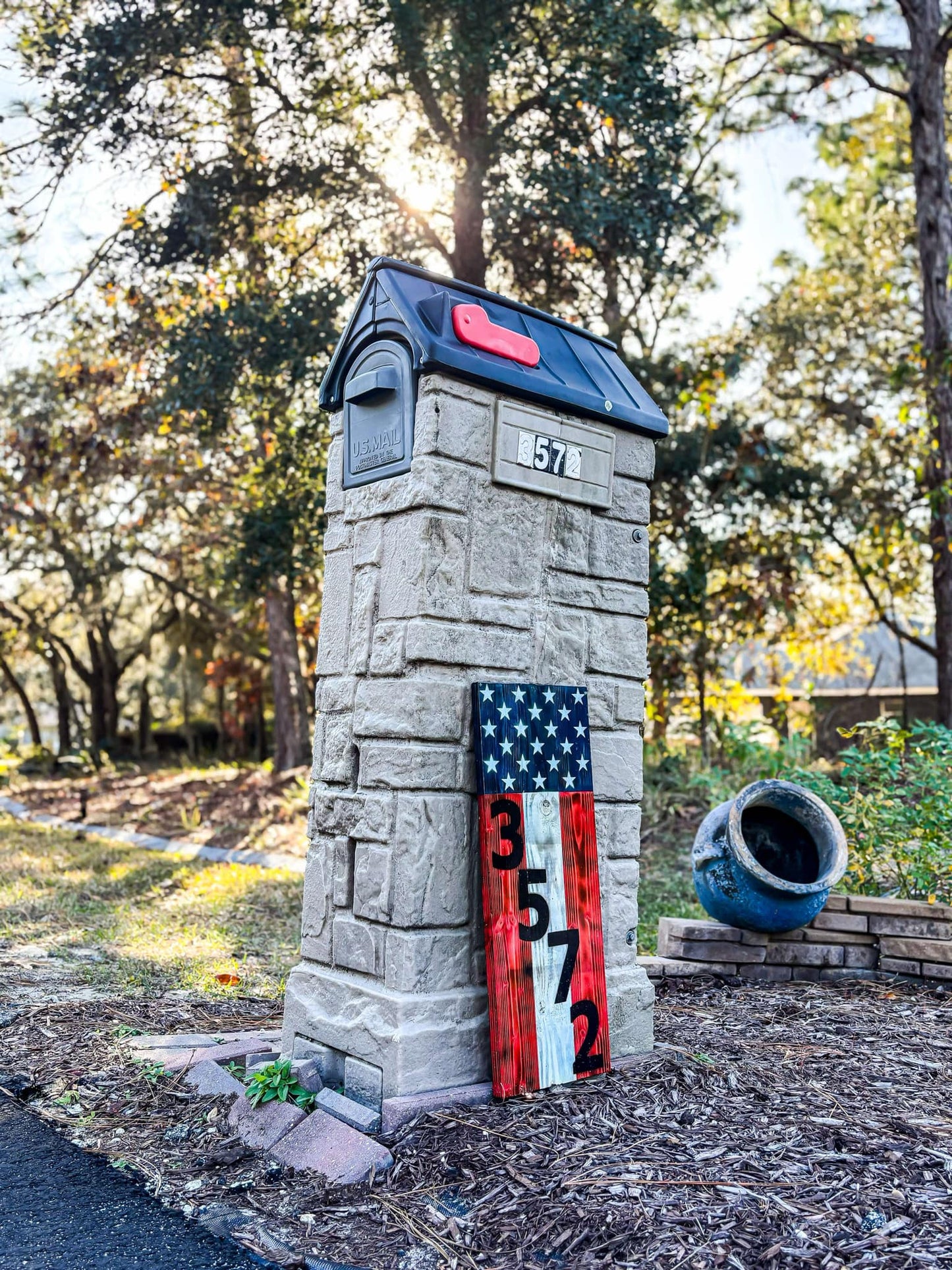 Rustic Burnt Wood American Flag Address Sign